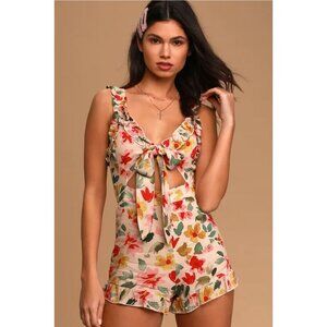 NEW Winston White Lulu's S Alessandra Blush Multi Floral Print Tie-Front Romper